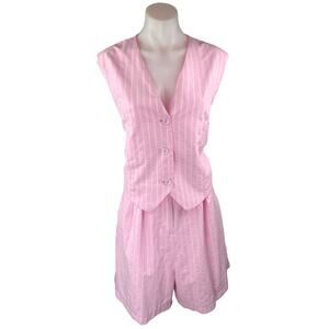 NEW Glamorous Pink White Striped Sleeveless Button Up Vest Top Shorts Set Sz 10